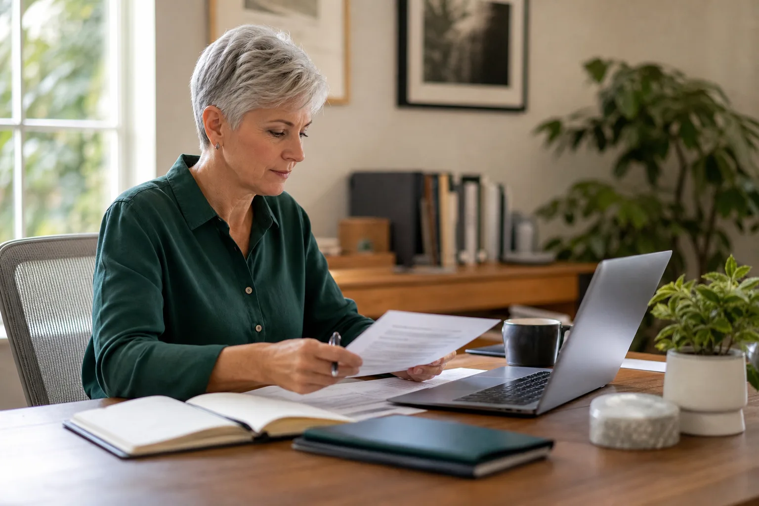 One professional with one adult client preparing professional tools or materials in a welcoming reception-adjacent space for